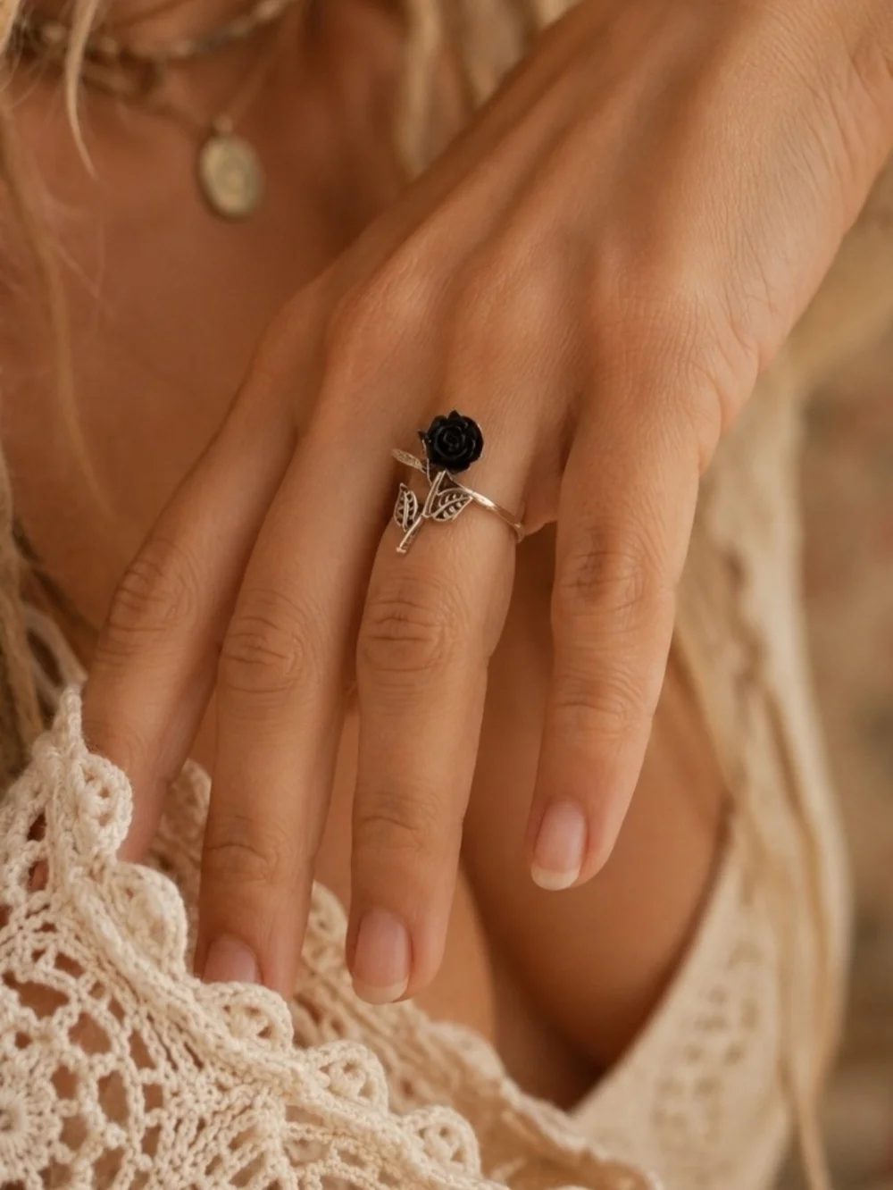 4/$15 Whimsigoth Silver Tone Black Rose Ring Women's Jewelry Sz 6